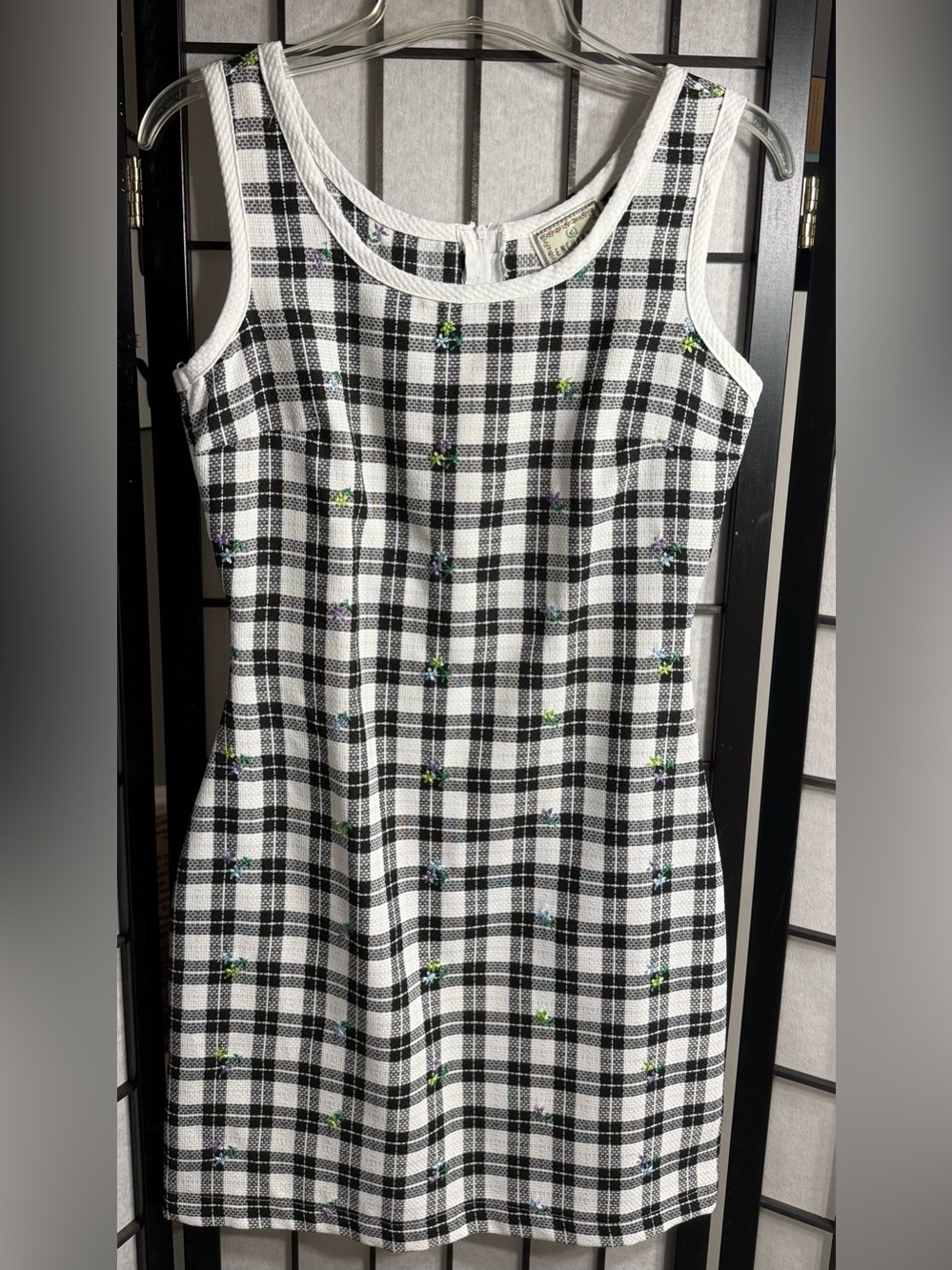 Vintage Enchanté Collection Black & White Plaid Floral Sleeveless Dress Size 3